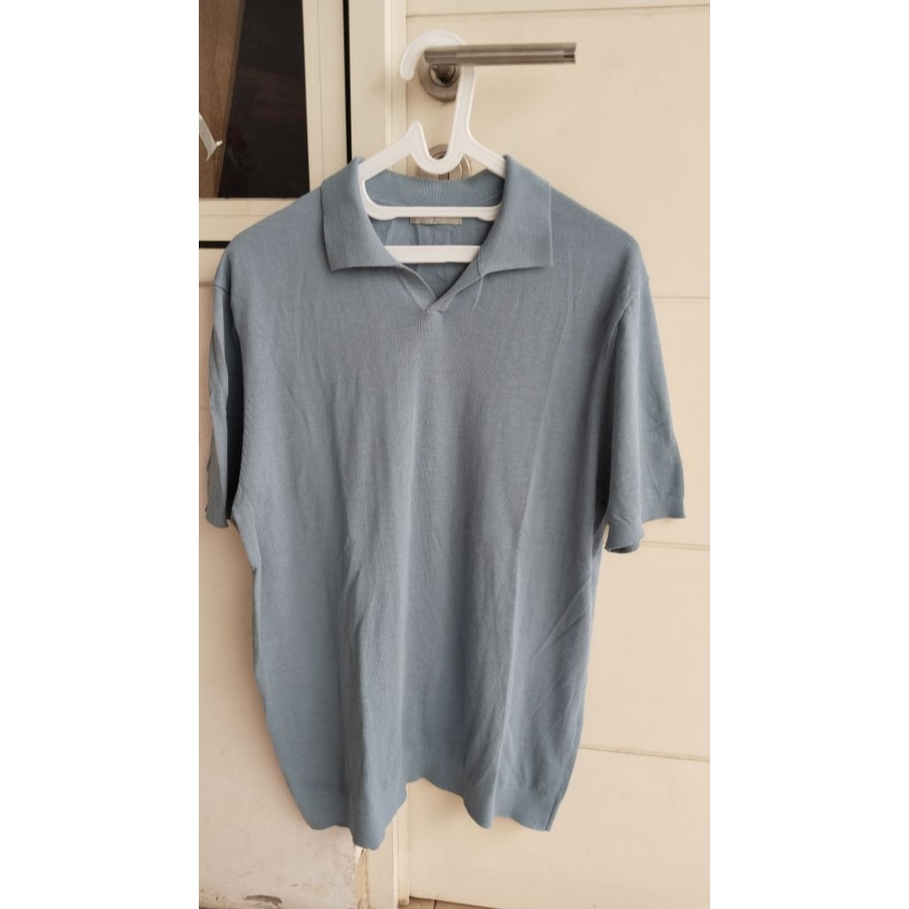 Baju Kaos Kerah Pria Polos Rajut Knit Biru