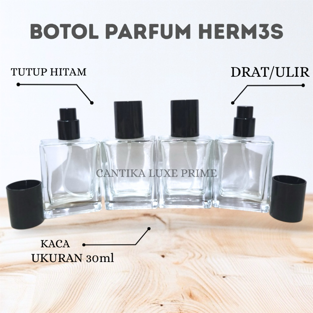 Botol Parfum Hermes 30ML Drat Ulir Tutup Hitam - Botol Parfum Kaca Kosong 30ML