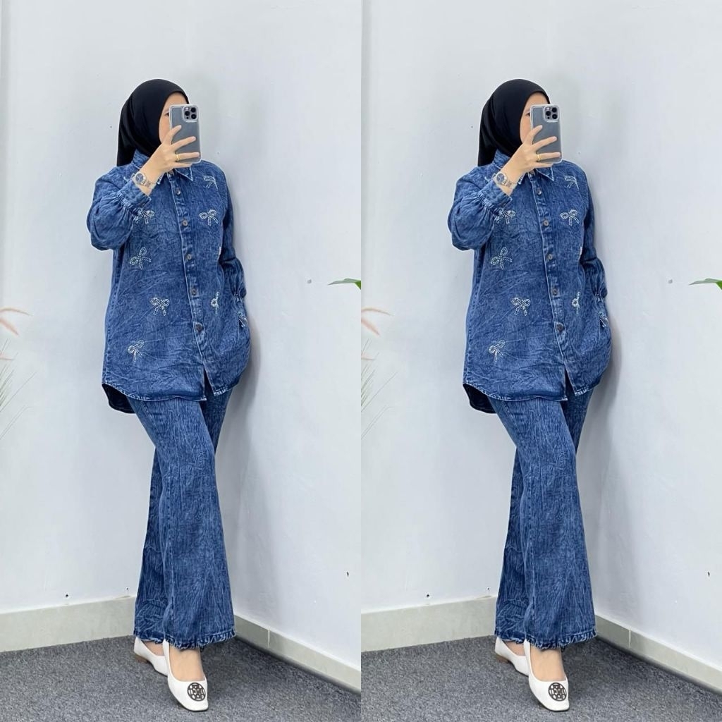 ONESET ELSEN JEANS KULOT WANITA,SETELAN CELANA WANITA,ATASAN JEANS BORDIR, CELANA KULOT JEANS, SETEL