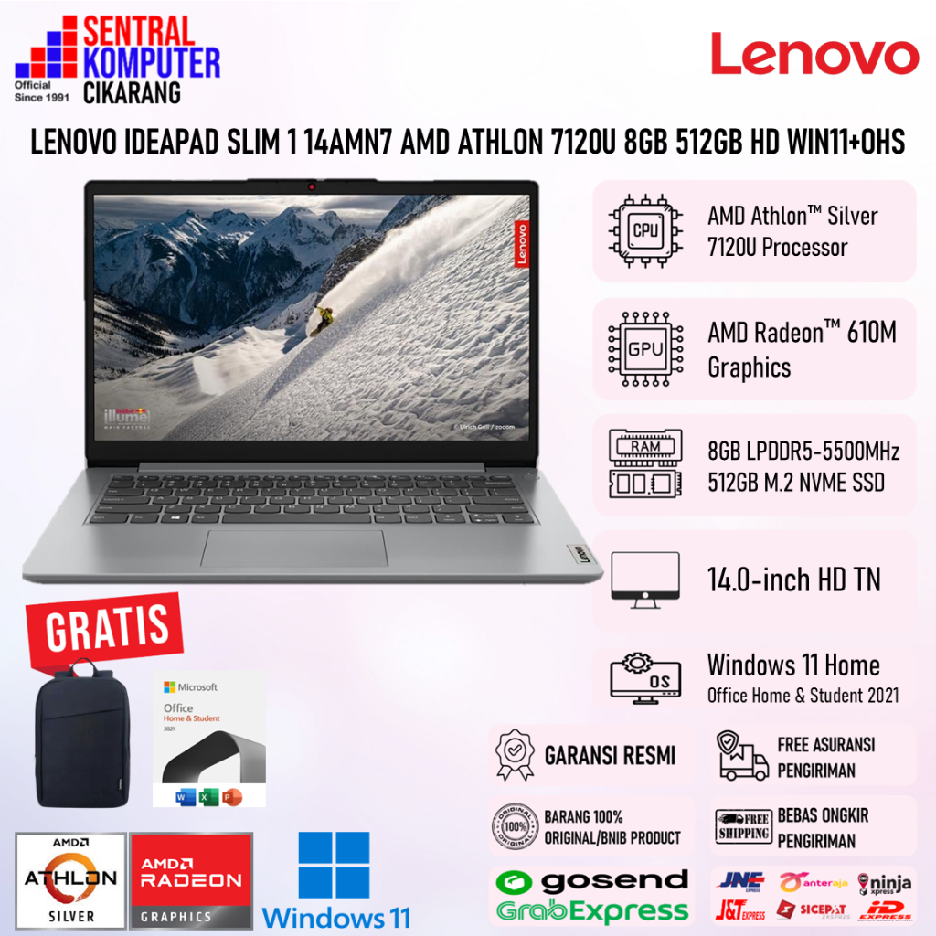 Laptop Pelajar Lenovo Ideapad Slim 1 AMD Athlon 7120U 8GB 512GB SSD Win11+OHS