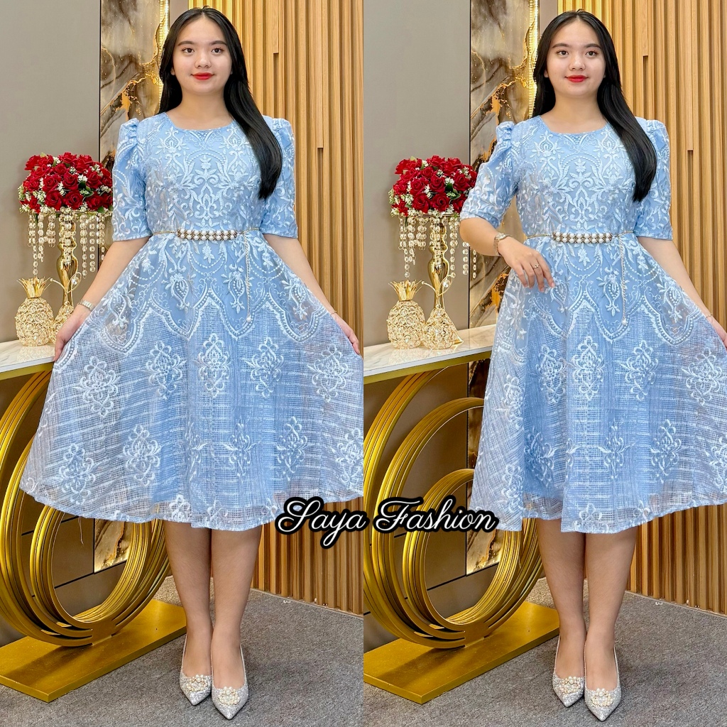 Midi Dress Tile Bordir Mutiara Free Belt Mutiara 5950 1 Baju Pesta Wanita Kondangan