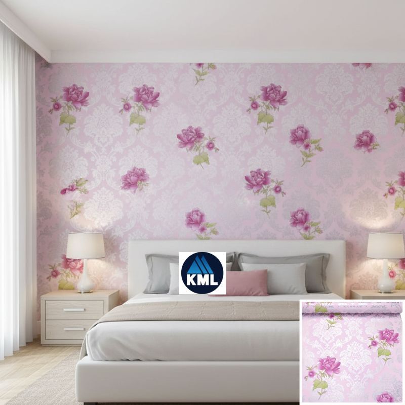 Wallpaper Dinding Ruang Tamu Motif BATIK PINK BUNGA UNGU