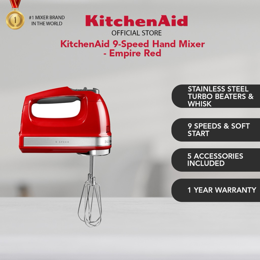 and <description> tags, no markdown, and only the required content. Double-check character counts and compliance with all the given requirements.
</think>

<title>KitchenAid 5KHM9212 Hand Mixer 9 Kecepatan Merah Empire dengan Kontrol Kecepatan Digital