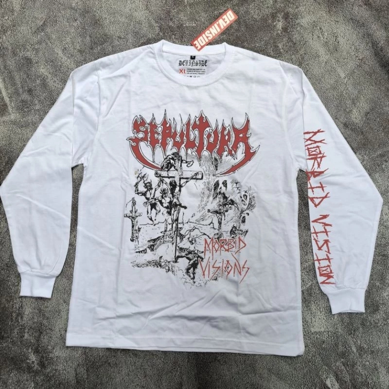 Siap Kirim Kaos Lengan Panjang SEPULTURA  Unisex White Premium Edition