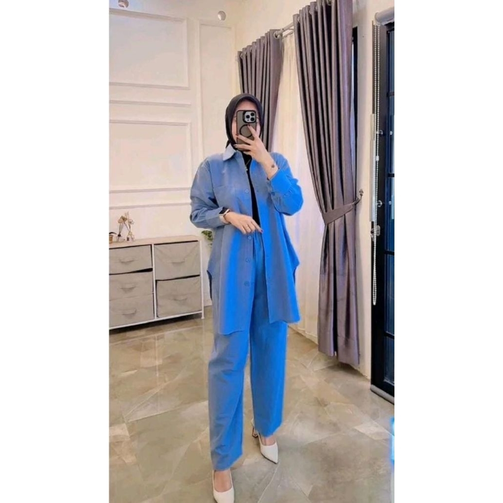 Setelan kemeja katun linen rami celana kulot