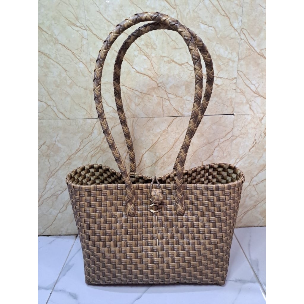 Tas Wanita ToteBag Jali Coklat Anyaman Rajut Plastik