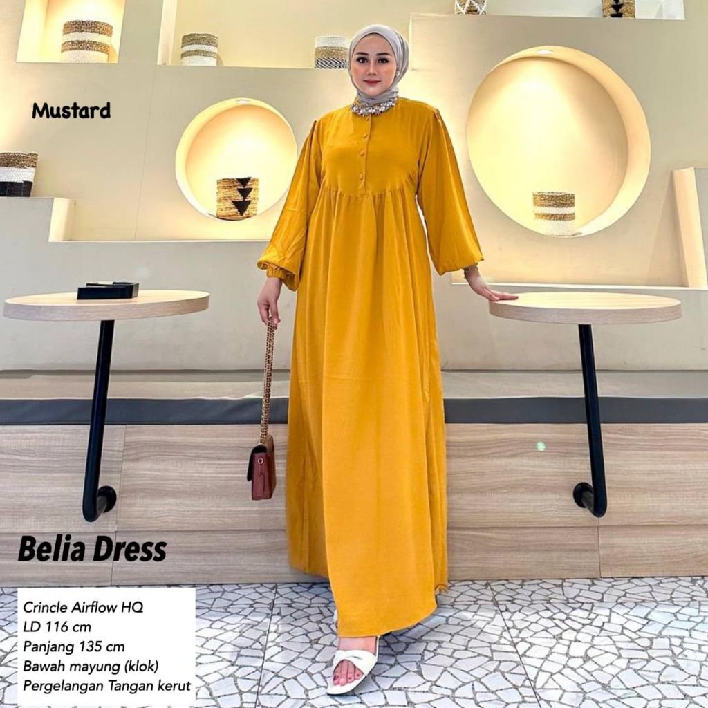 BELIA DRESS WANITA CRINKLE AIRFLOW Lengan Balon / Dress Lebaran