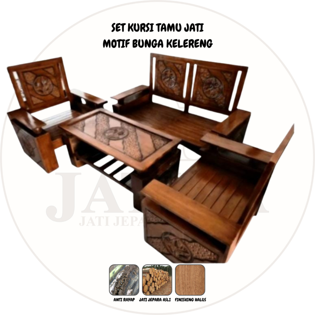 Set Kursi Tamu Jati Motif Bunga Kelereng | Kursi Tamu Jati Asli Jepara Murah Palembang