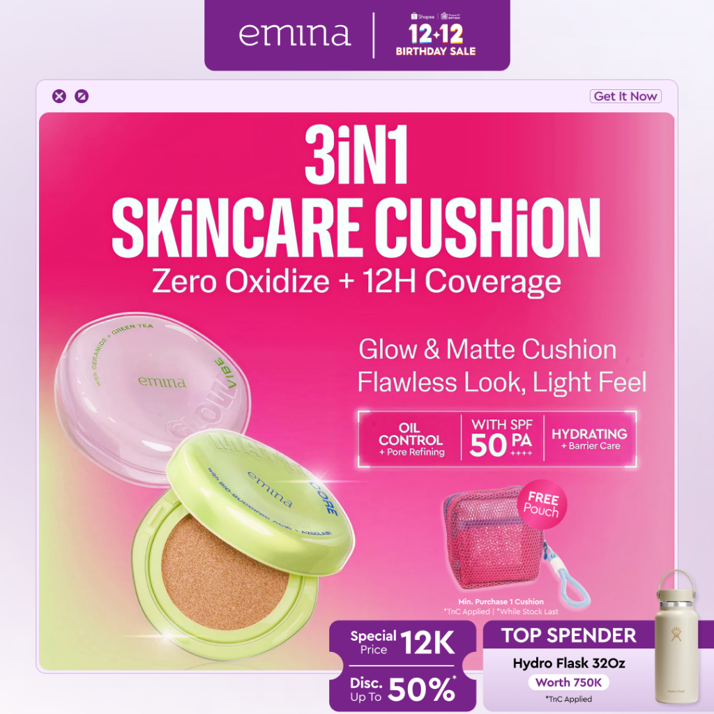 NEW! Emina Glow & Matte 3in1 Skincare Cushion SPF 50 PA++++ 13 G | Flawless Lightweight Make Up Foun