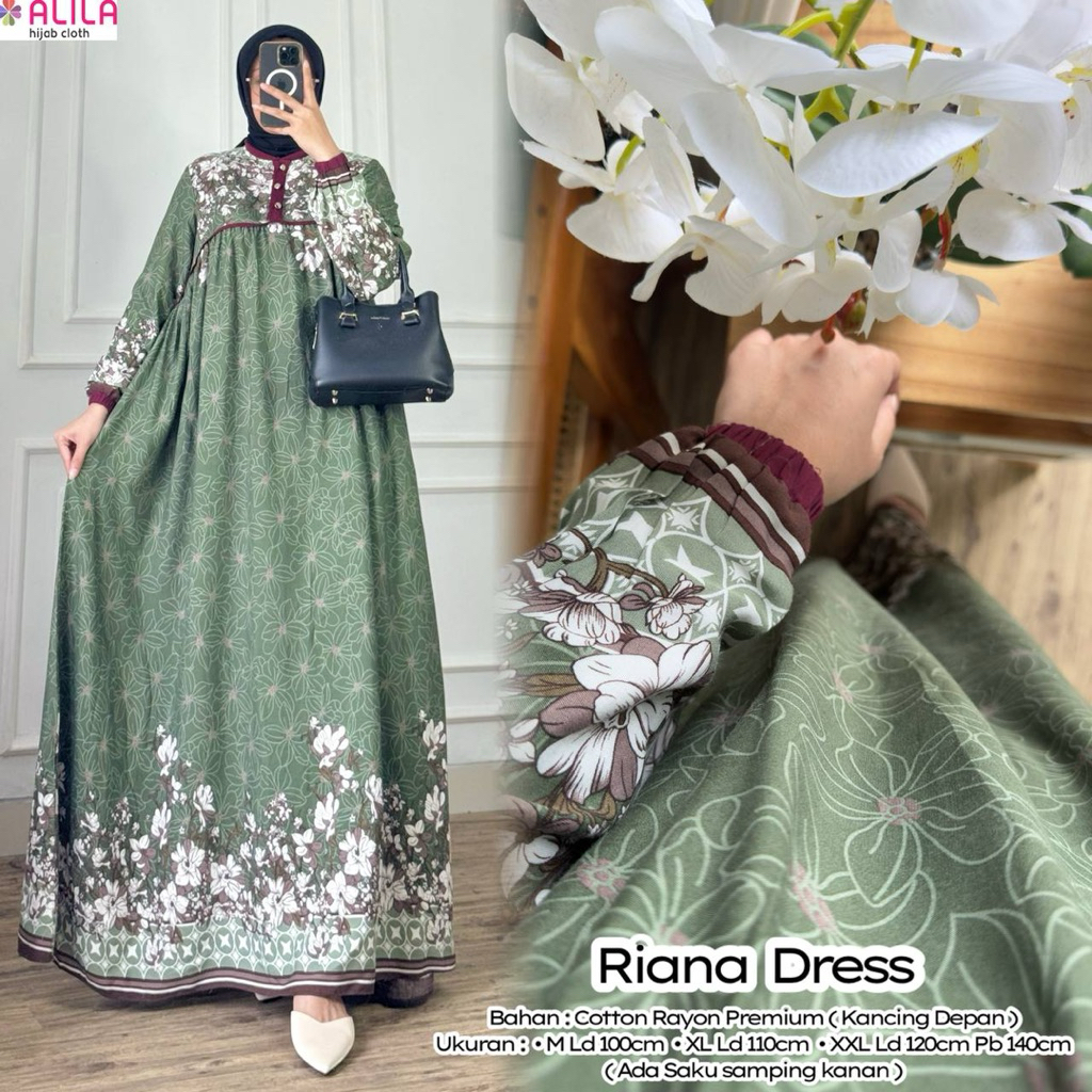 RIANA Dress Original Gamis Wanita Terbaru ALILA Hijab Cloth Katun Rayon Premium Motif Bunga LD 100-1