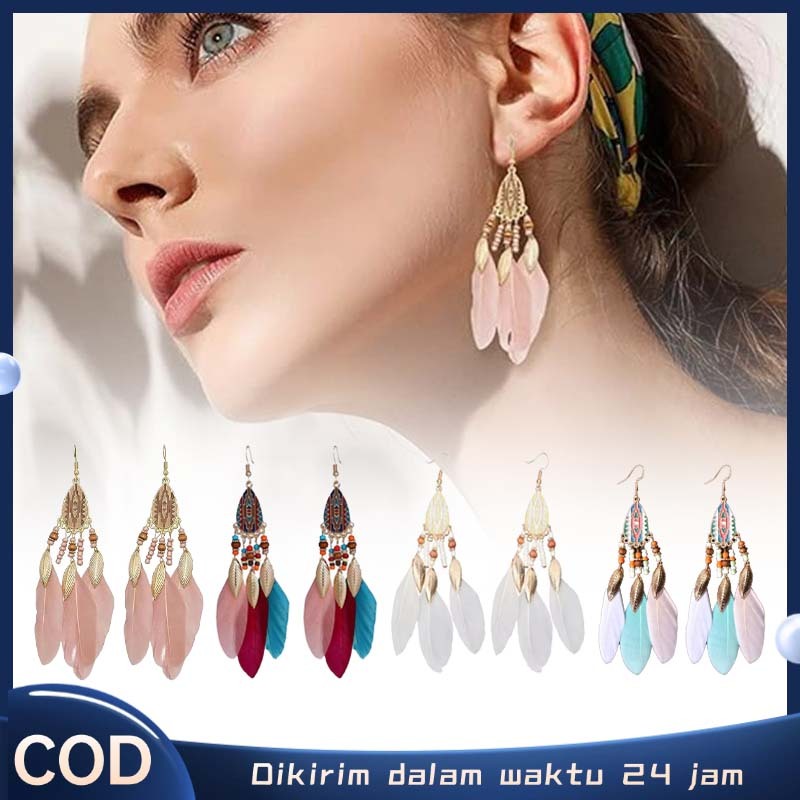 Anting Etnik Wanita Anting Juntai Anting Gantung Korea Bohemian Anting Bulu Panjang