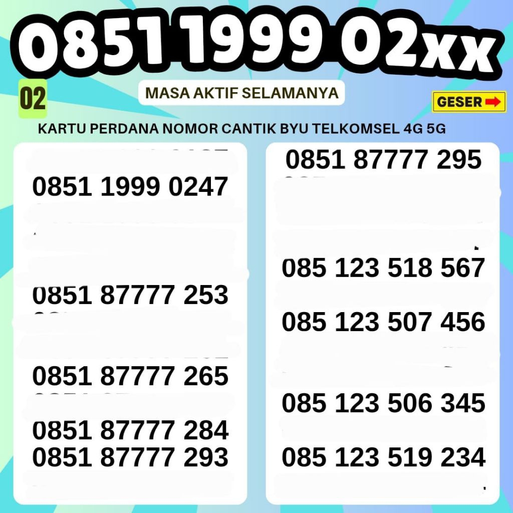 Kartu Perdana Nomor Cantik Telkomsel 4G 5G Nomor Cantik BYU Kuota 3GB 1bulan 24jam Kartu Perdana Int