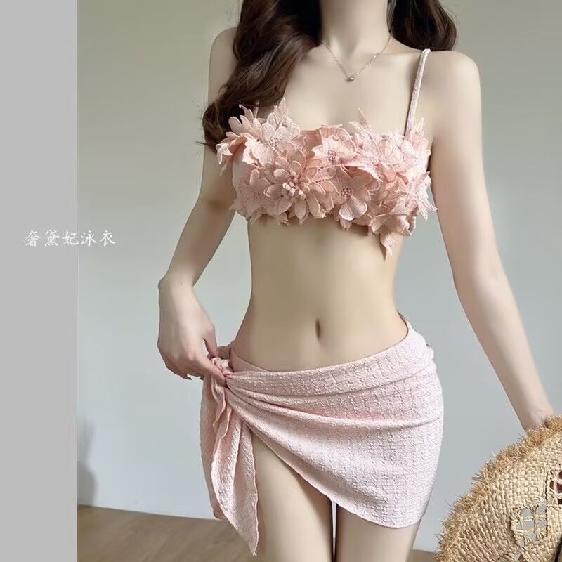 Sexy Pink Floral Swimsuit Women's ins style Bikini Hot Spring Split Three piece Vacation Swimsuit