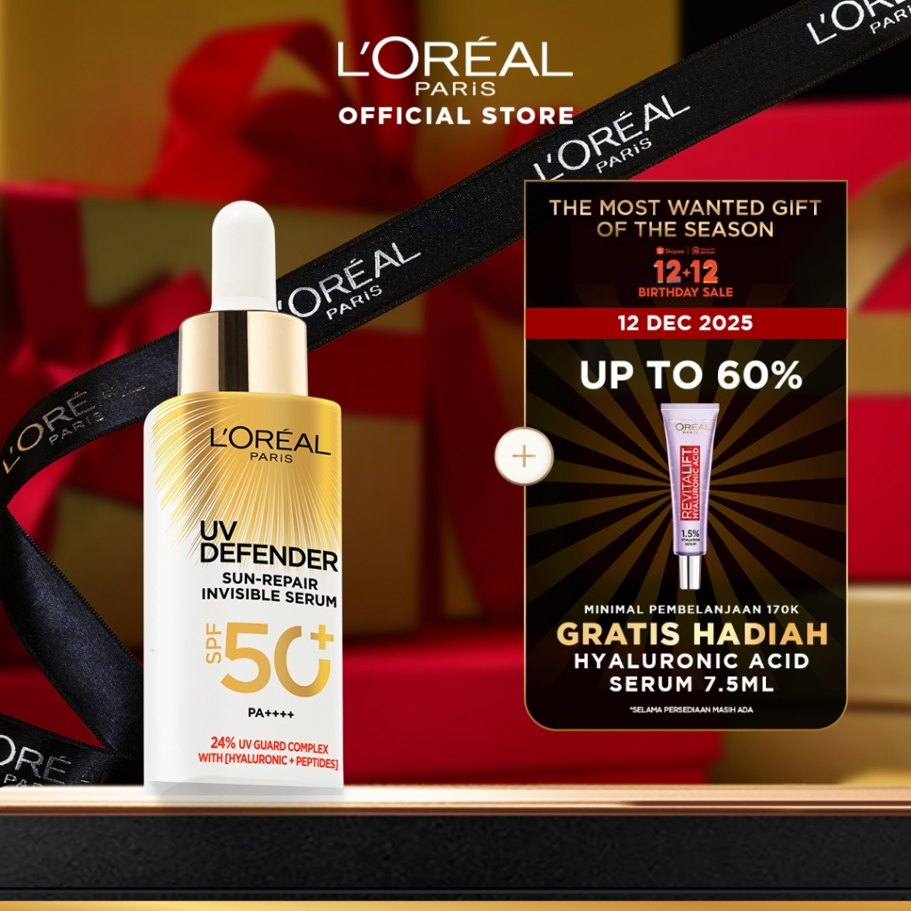 L'Oreal Paris UV Serum Sunscreen SPF 50+ PA++++ - UV Defender Sun-Repair Invisible Serum 2-in-1 Skin
