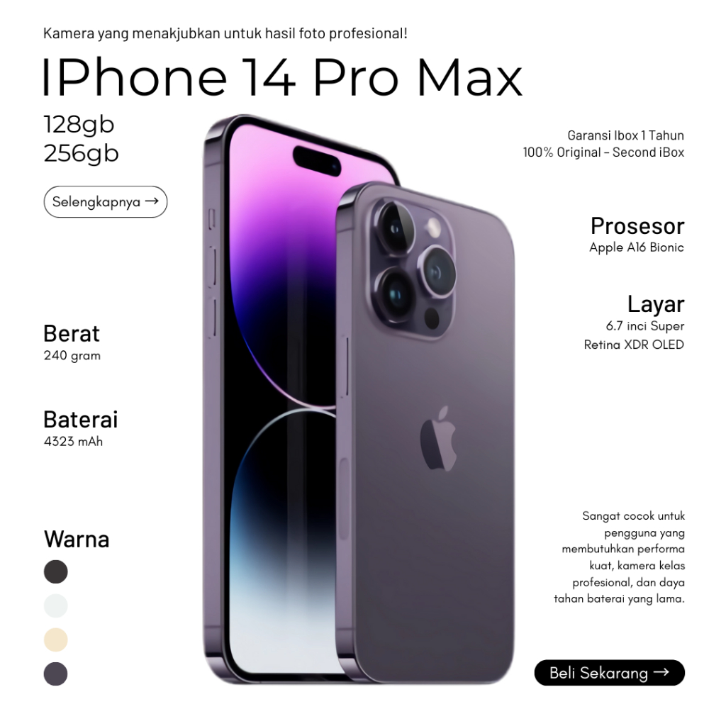 Garansi 12 Bulan – iPhone 14 Pro Max 128/256GB Like New, Original iBox, IMEI Terdaftar, Fullset, Har