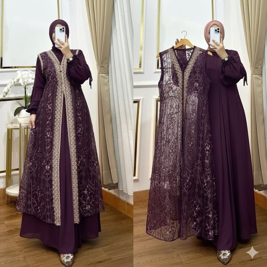 Gamis Fashion Muslim Wanita Naura Dress Bahan Ceruty Brokat Mix Payet Mewah Model Rompi Dua Lapis/Ga