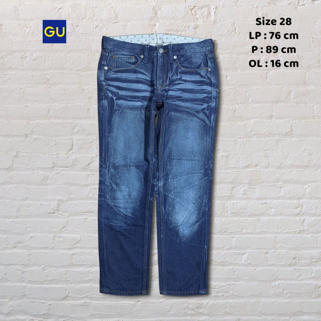 Size 28 Celana Panjang Longpants Jeans GU Dark Blue Washed Fading Slim fit Original Second Preloved 