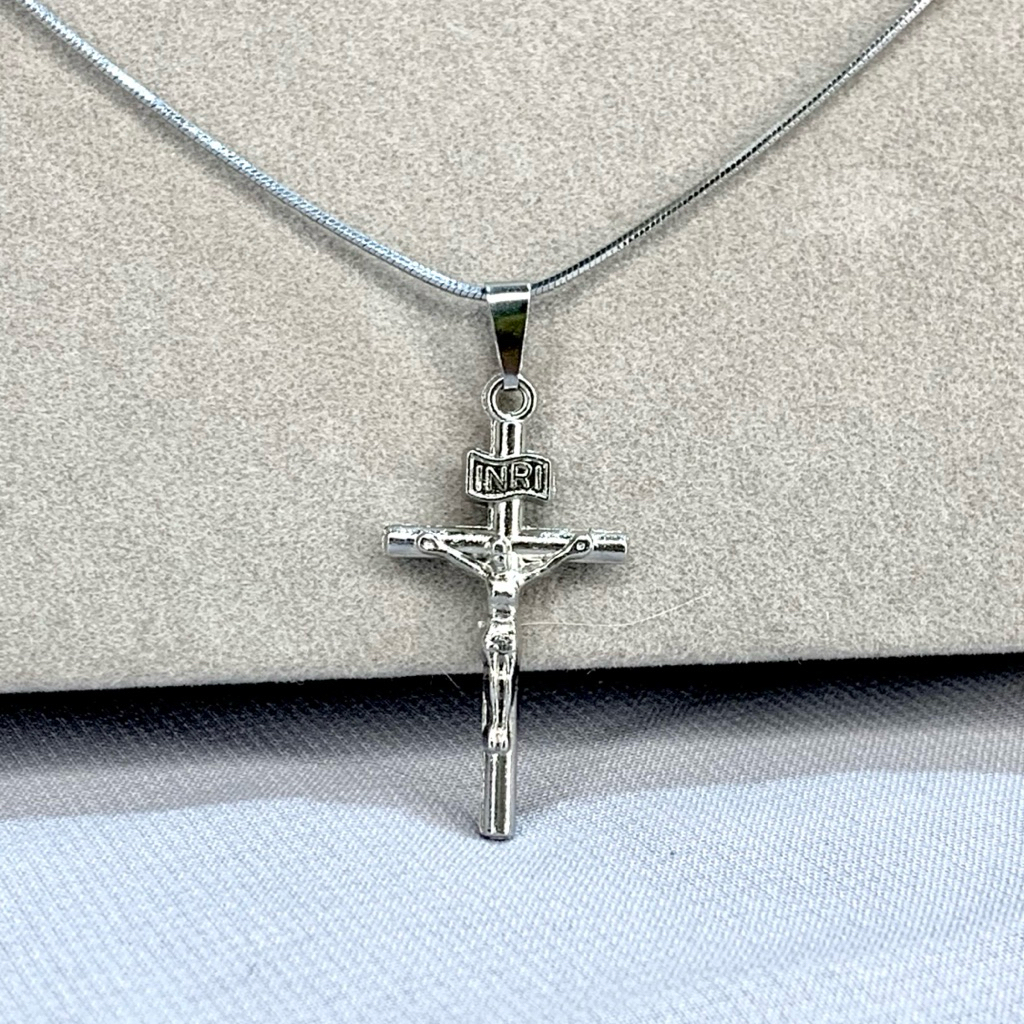 Kalung Titanium Salib Inri Silver Pria Wanita Original Anti Karat Anti Luntur Stainless Steel