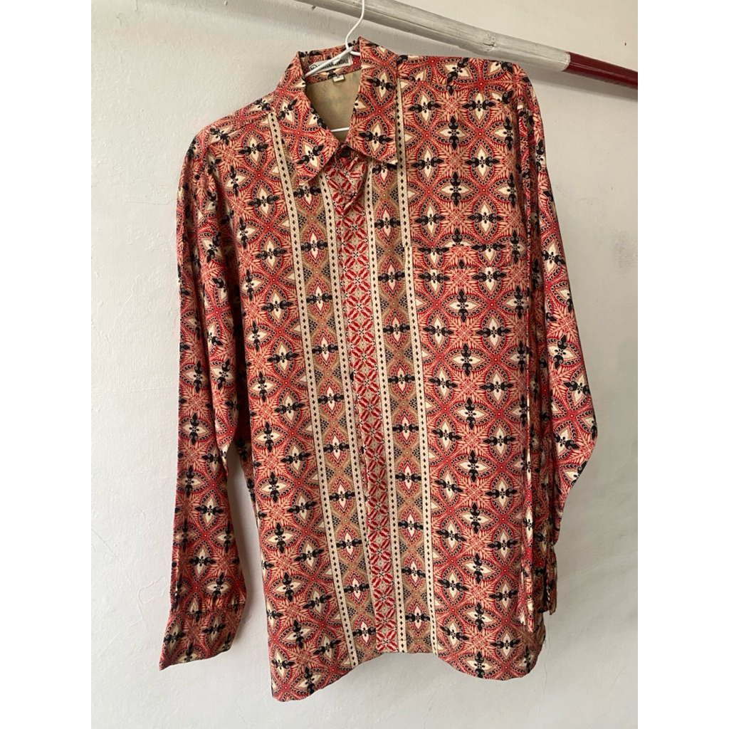 Batik Mutiara Indah MI Premium Kemeja Kancing Kerah Kantung Warna Cream Orange Hitam Mix Pakaian Pri