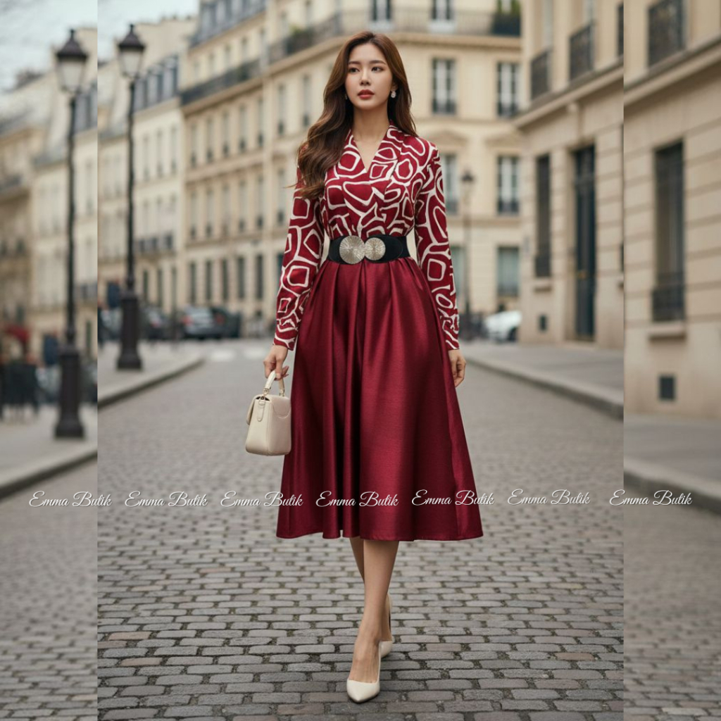 Emma.Butik E00678 Gaun Midi Pesta Merah Dress Gereja Lengan Panjang Wanita Tunik Formal Kondangan Hi