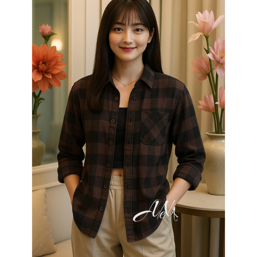 KEMEJA FLANNEL CEWEK LENGAN PANJANG KEMEJA WANITA KOTAK GARIS CASUAL