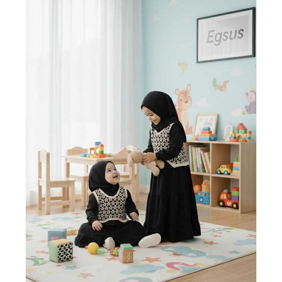 (EGSUS) Gamis Couple Ibu & Anak Rania bunga laser bahan knit jersey hijab segitiga instan Burgundy