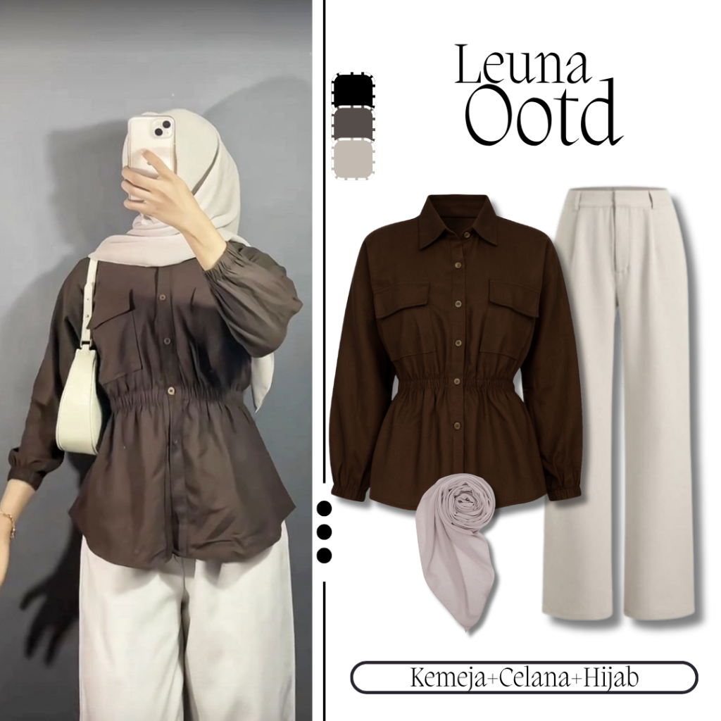 Outfit Lebaran Wanita Kekinian 3in1 [Kemeja+Celana Jennie+Hijab] Setelan Cewek Remaja Hits Cocok bua