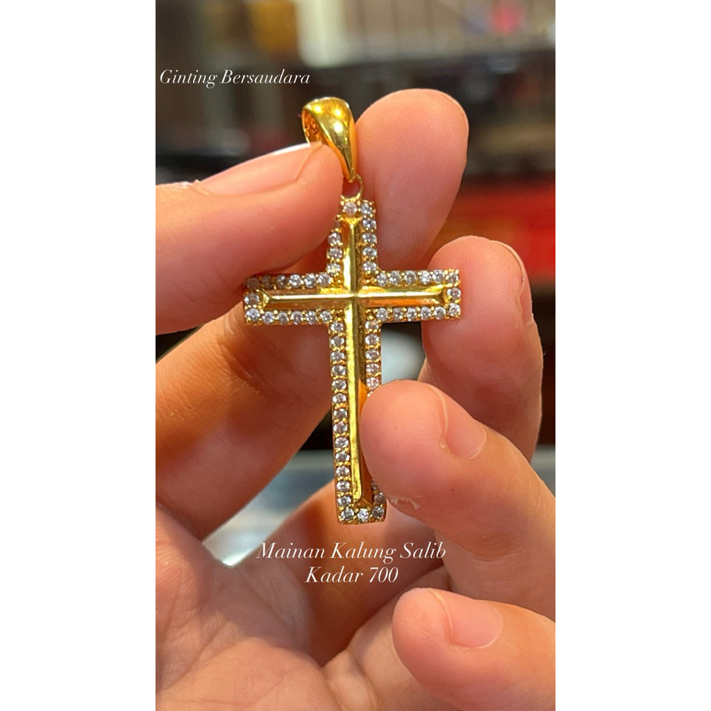 Mainan Kalung Emas Salib Ukir Bermata Kokoh 16K GBS