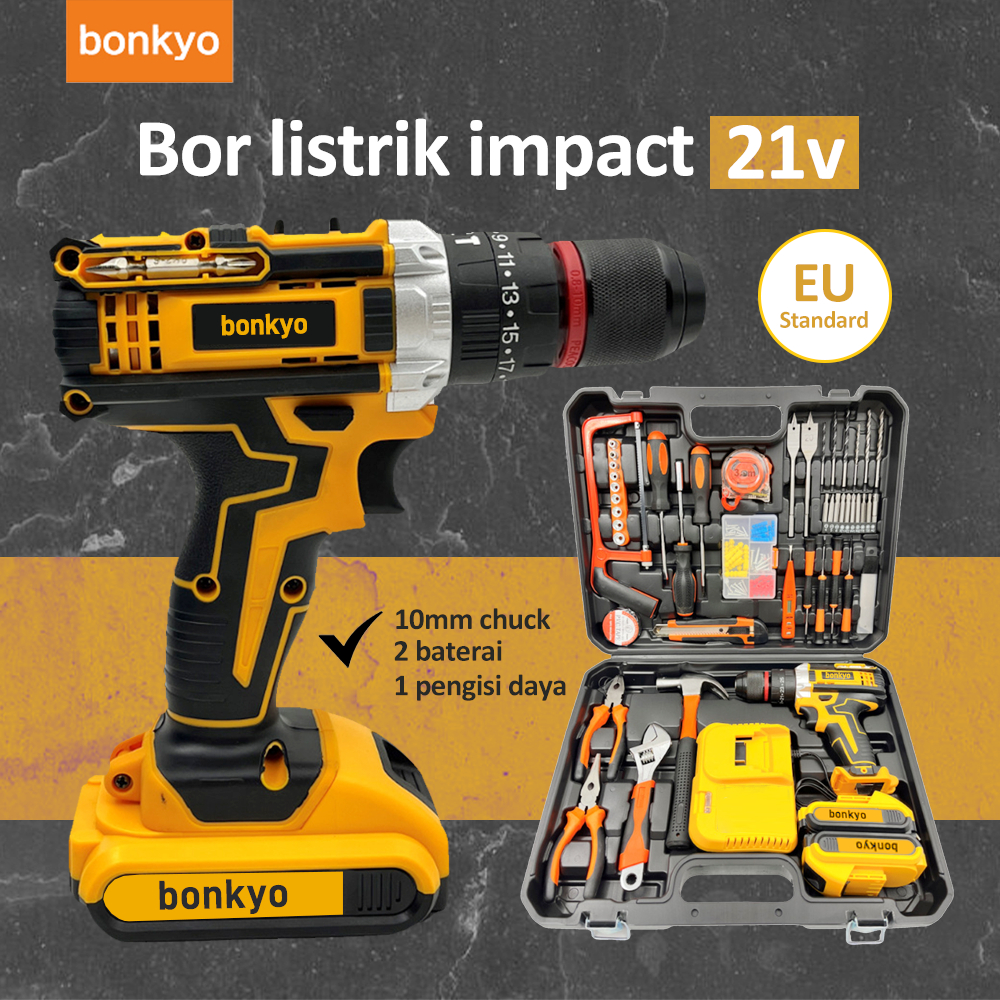 Bonkyo Mesin Bor Baterai Bor Impact Set Bor Listrik Kotak Peralatan Multifungsi Bor Beton