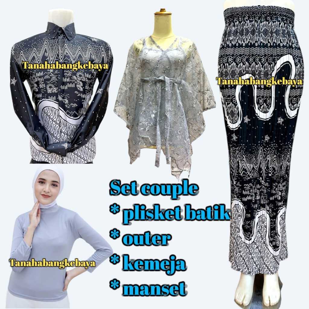 Set Couple Baju Batik Pasangan Kemeja Batik Couple outer Kebaya dan rok plisket Batik Plus manset Wa