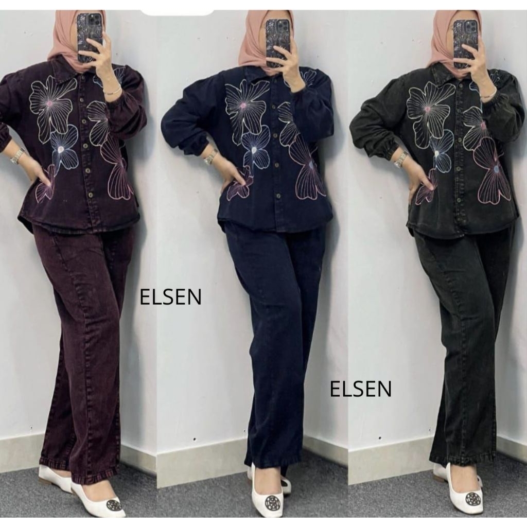 ONESET ELSEN JEANS KULOT WANITA,SETELAN CELANA WANITA,ATASAN JEANS BORDIR, CELANA KULOT JEANS, SETEL
