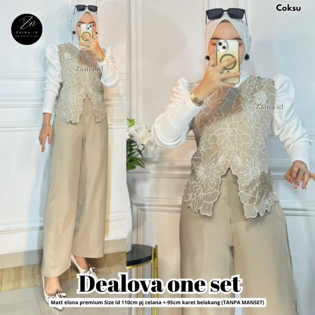 Dealova One Set Wanita Original Zaina.id Matt Elona Premium Atasan Vest Bordir Full Furing Celana Ku