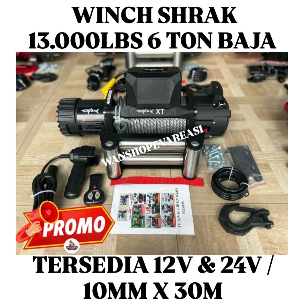 WINCH SHRAK 13000LBS 6TON 12V TALI SLING BAJA 30MTER 10MM TALI DEREK MOBIL OFFROAD HARGA MURAH BARAN