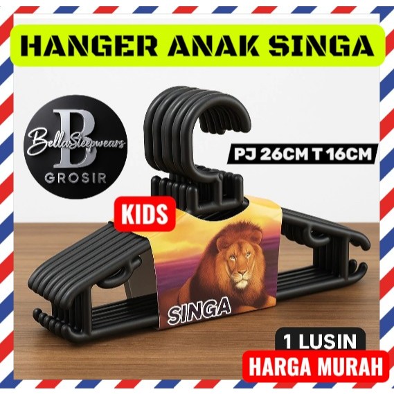 BELLA | 12PCS HANGER ANAK SINGA HITAM ISI 12PC LUSINAN - HANGER ANAK PLASTIK - GANTUNGAN BAJU KASTOK
