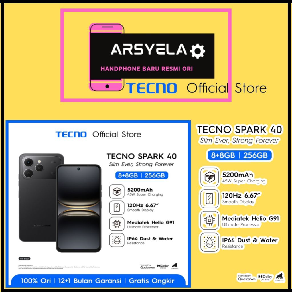TECNO Spark 40 RAM 8+8GB ROM 256GB • Layar 6.67” • Garansi Resmitecno spark 40spark 40 8 256
hp tecn