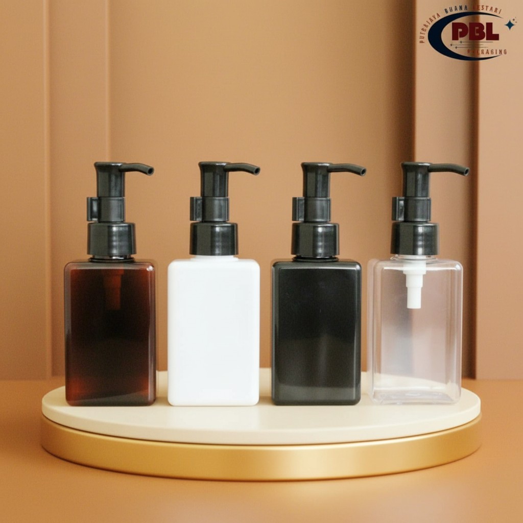 Botol Pump 100ml Kotak Varian Warna - Tutup Pump Clip Oil  Smooth Neck 24 Hitam / Botol Plastik PET 