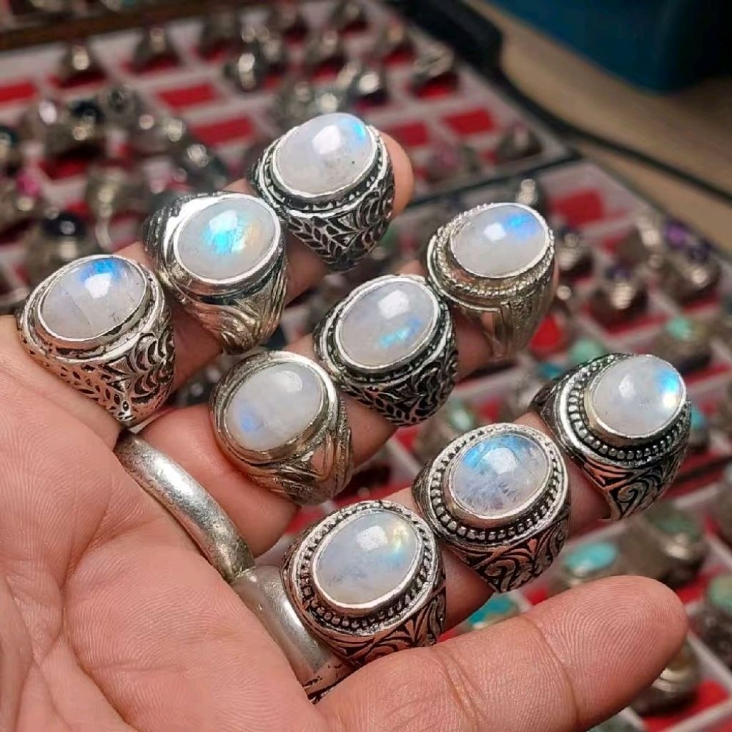 Cincin batu biduri bulan 14mm moonstone cincin akik pria terlaris