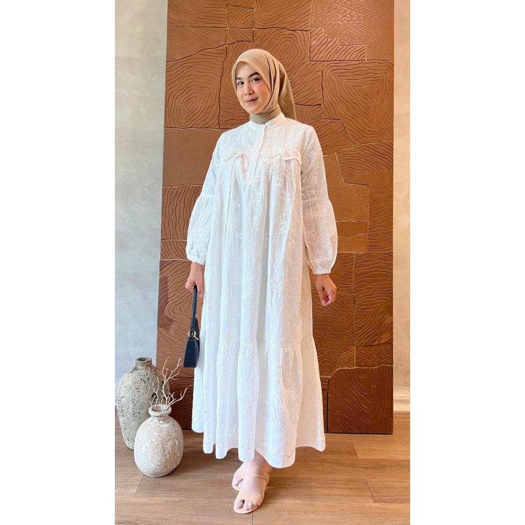 MIDI DRESS KATUN BORDIR / BAJU WANITA MUSLIM/ WARNA DIABI ADIBA/ GROSIR TANAH ABANG