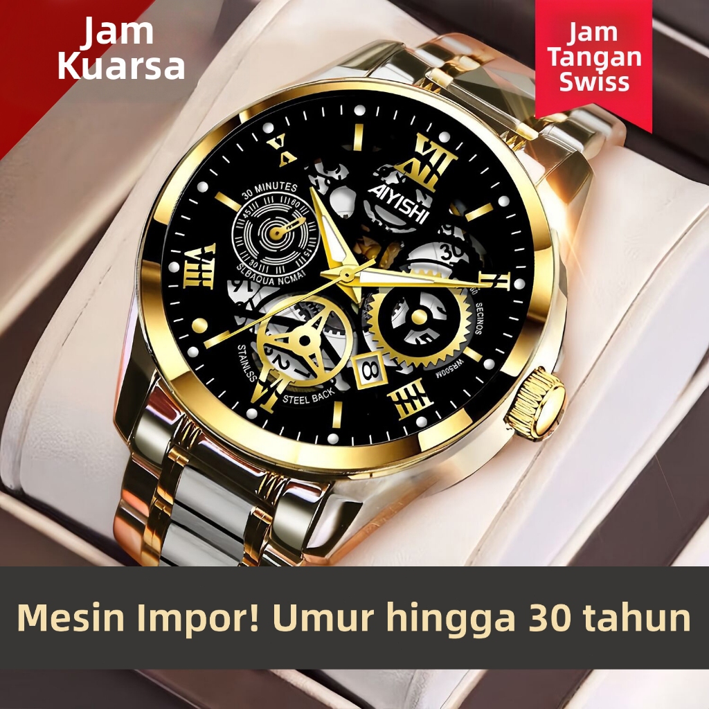 Jam Tangan Pria AIYISHI Original 1806 | Desain Mechanical Tourbillon | Strap Rantai Emas Perak | Tah