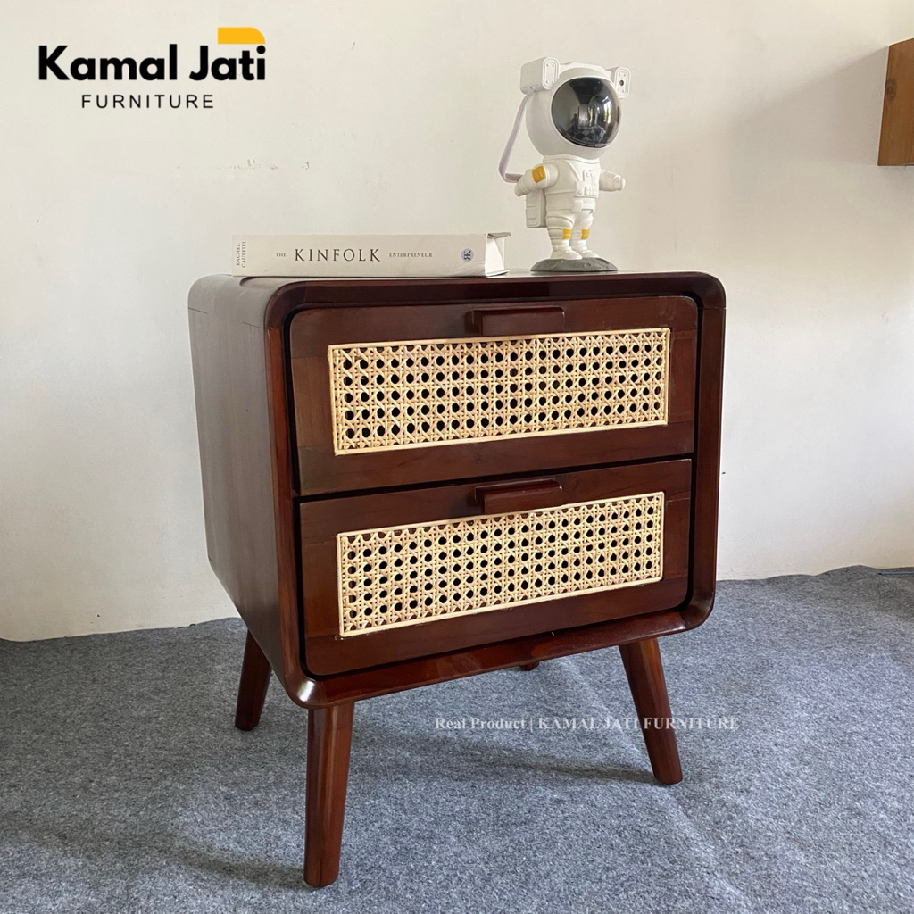 Meja nakas laci rotan kayu jati / nakas rotan retro jati