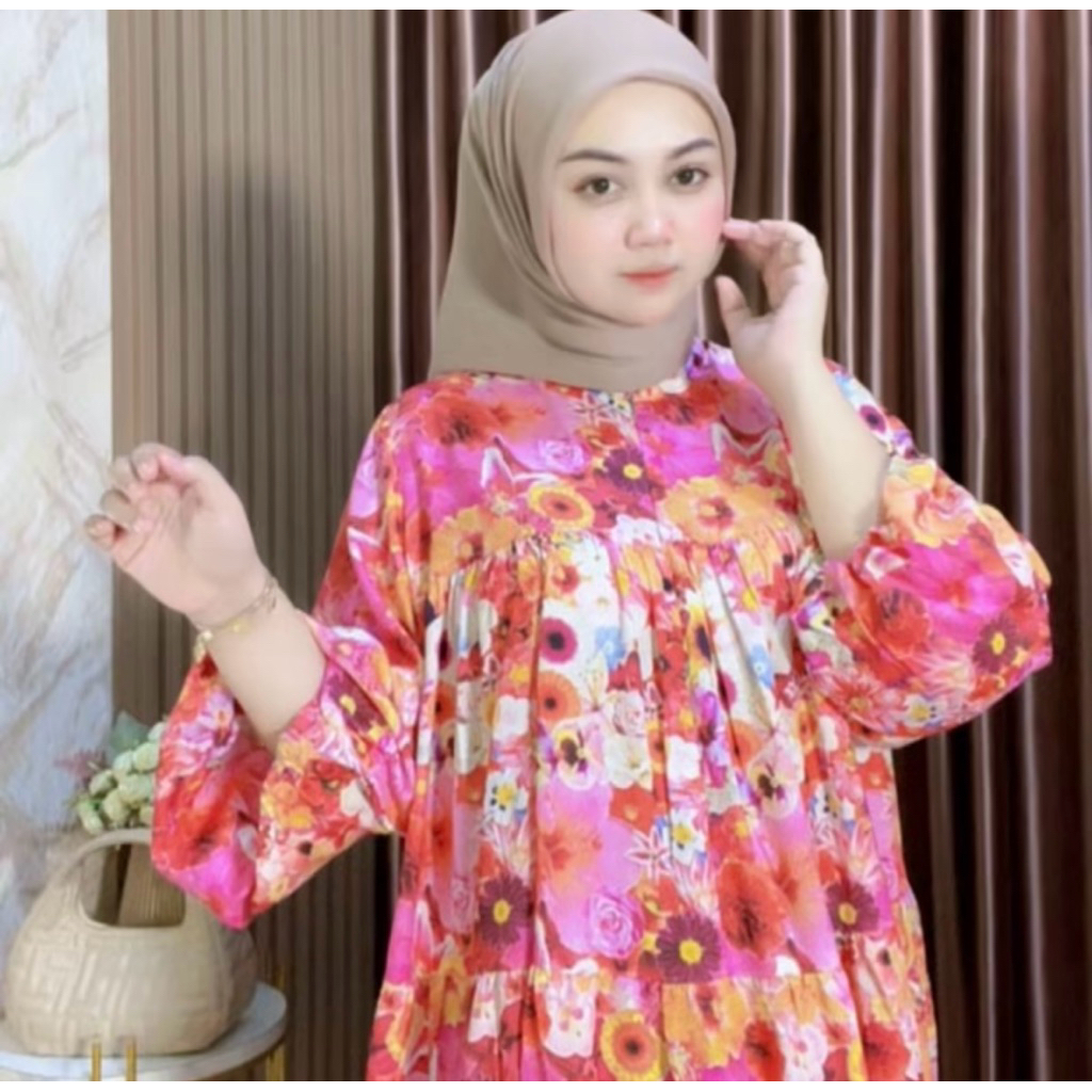 GAMIS LENGAN BALON CORAK RAYON KEKINIAN