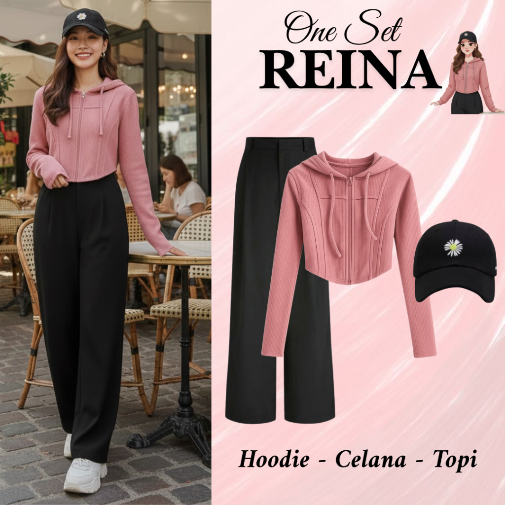 TM67 Setelan Wanita Kekinian ( Hoodie, Celana, Topi ) OOTD Korean Style Pinky
