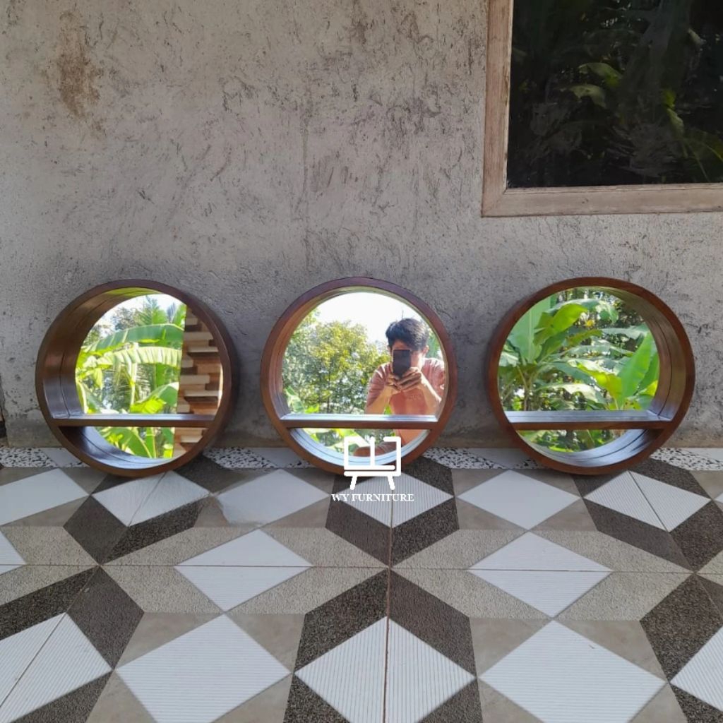 cermin wastafel bulat hambalan kayu jati, cermin estetik bulat D 40cm, cermin estetik kayu jati