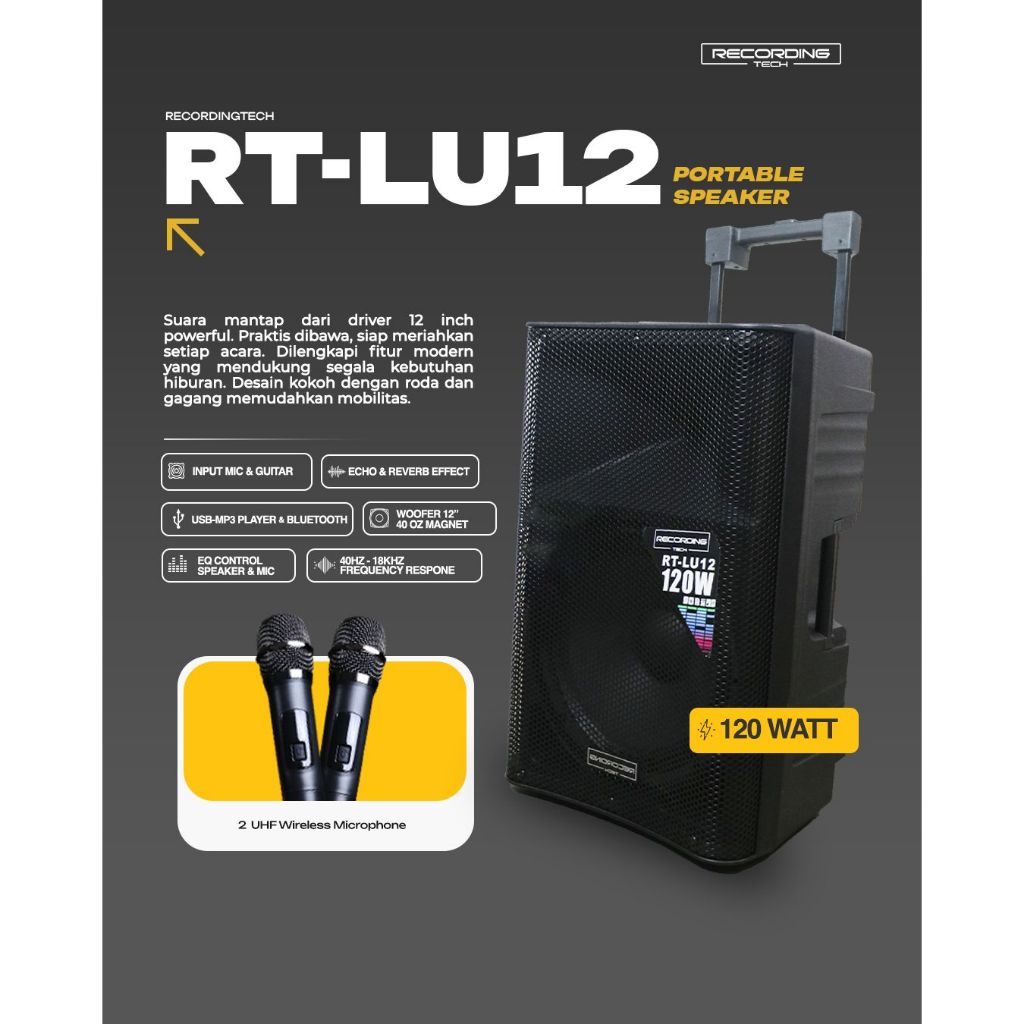 Recording Tech RT LU 12 LU12 Speaker Portable 12 Inch Bluetooth 120 Watt dengan 2 Mic Wireless USB M