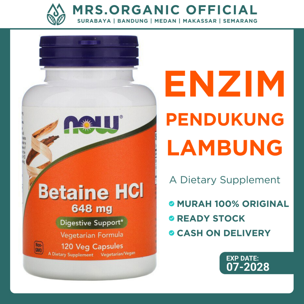Vitamin Suplemen Betaine HCI 648 mg Now 120 Kapsul Vegetarian - Maag Gerd Kembung Pencernaan Sehat