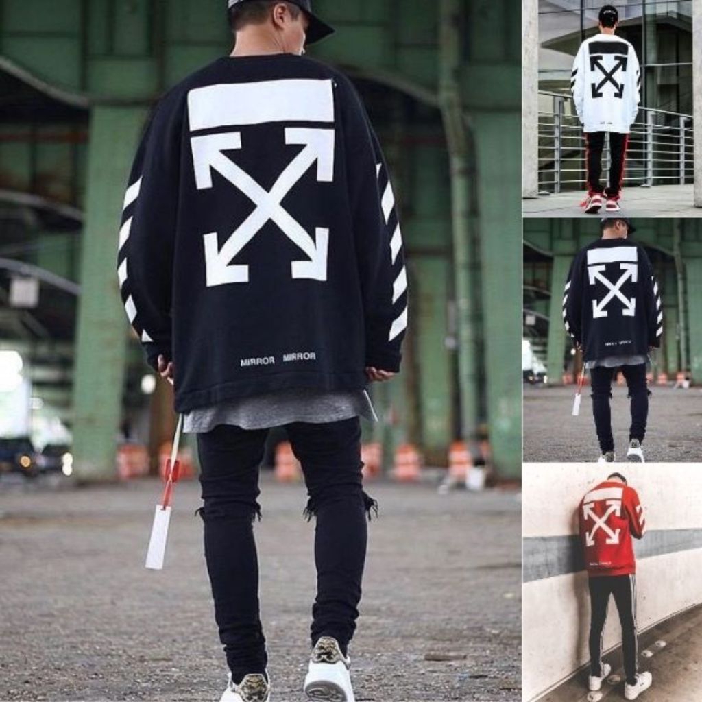 Jaket Sweater Streetwear Off White Pria Wanita Oversize Model Hoodie Tanpa Kupluk Sablon Arrows X Be