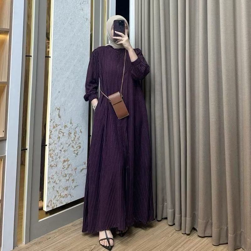 Mayza dress rayon tangan kerut | dress lebaran motif salur premium | dress remaja kekinian A-Line