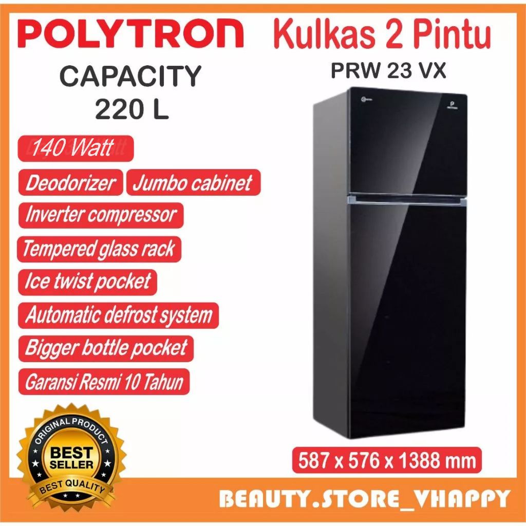Kulkas 2 Pintu Polytron 23 VX Inverter Garansi Resmi (Kota bandung dan Cimahi Bisa COD)