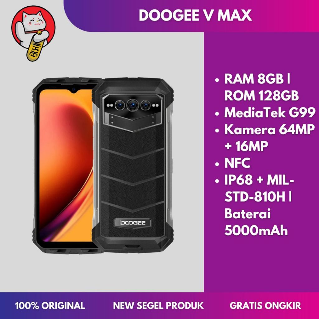DOOGEE V MAX 5G Rugged Smartphone RAM 20GB ROM 256GB Dimensity 1080 Layar 6.58” 120Hz Baterai 22000m
