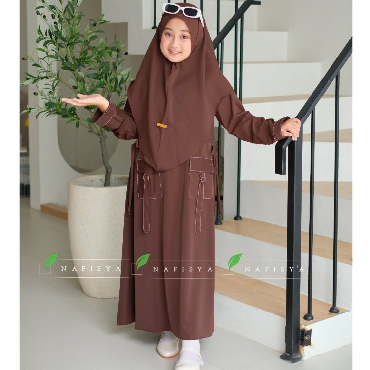 Nafisya Abaya Gamis Anak Perempuan Set Hijab Remaja Tanggung Usia 7 sampai 17 Tahun Bahan Jersey Leb